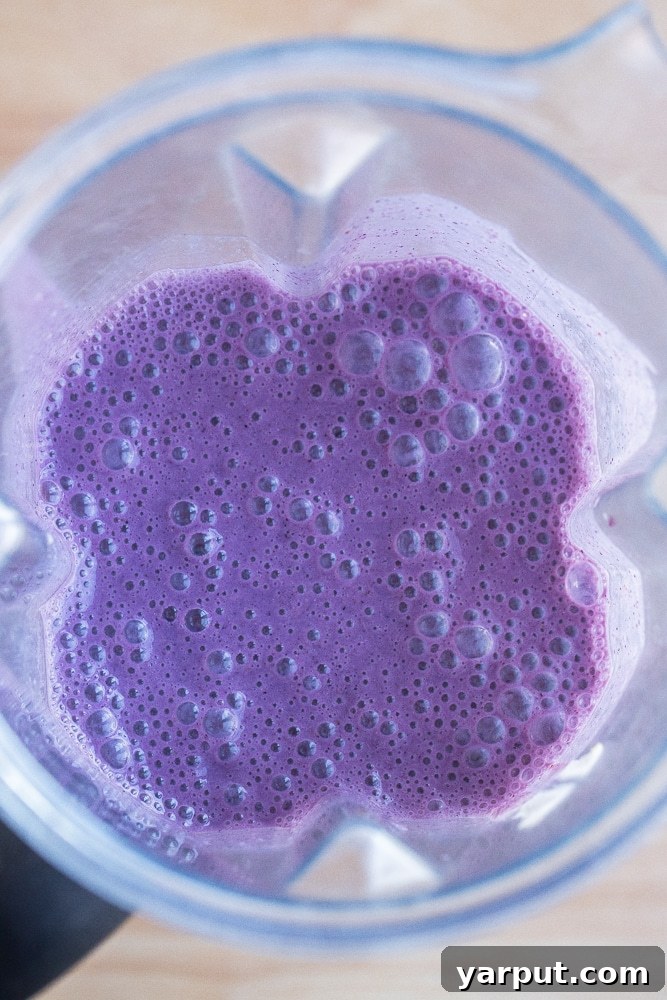 Blueberry Banana Bliss Smoothie 5 A blender filled with purple blueberry banana smoothie mixture, ready to be blended until smooth.