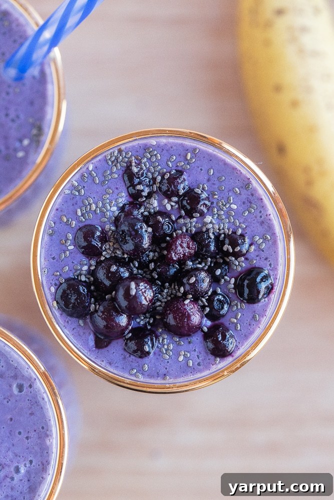 Blueberry Banana Bliss Smoothie 6 Close up of a single glass of vibrant purple wild blueberry banana smoothie, showcasing its smooth texture and rich color.