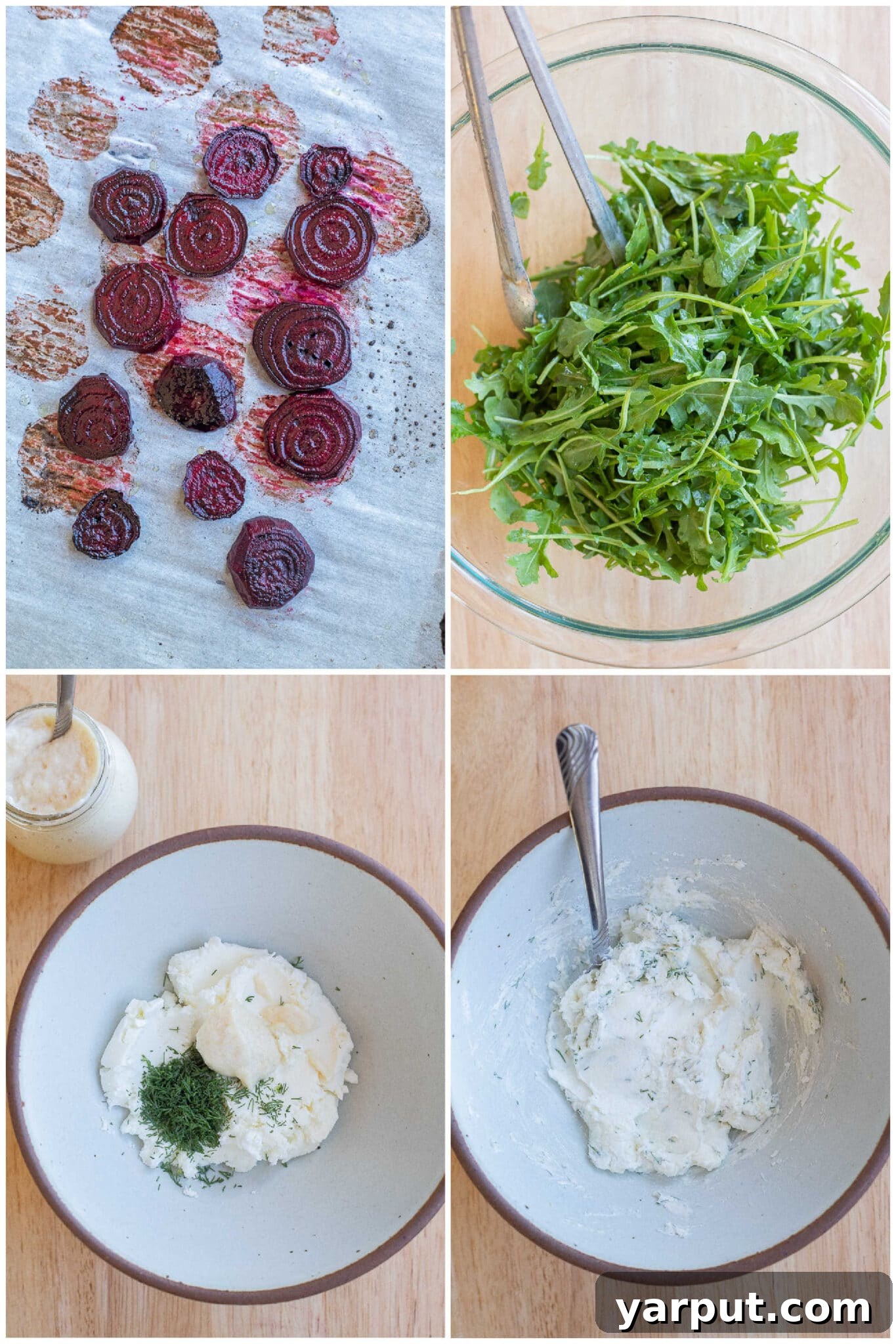 Vibrant Roasted Beet and Zesty Goat Cheese Sandwiches 4 showing how to prepare the arugula salad and horseradish goat cheese with dill