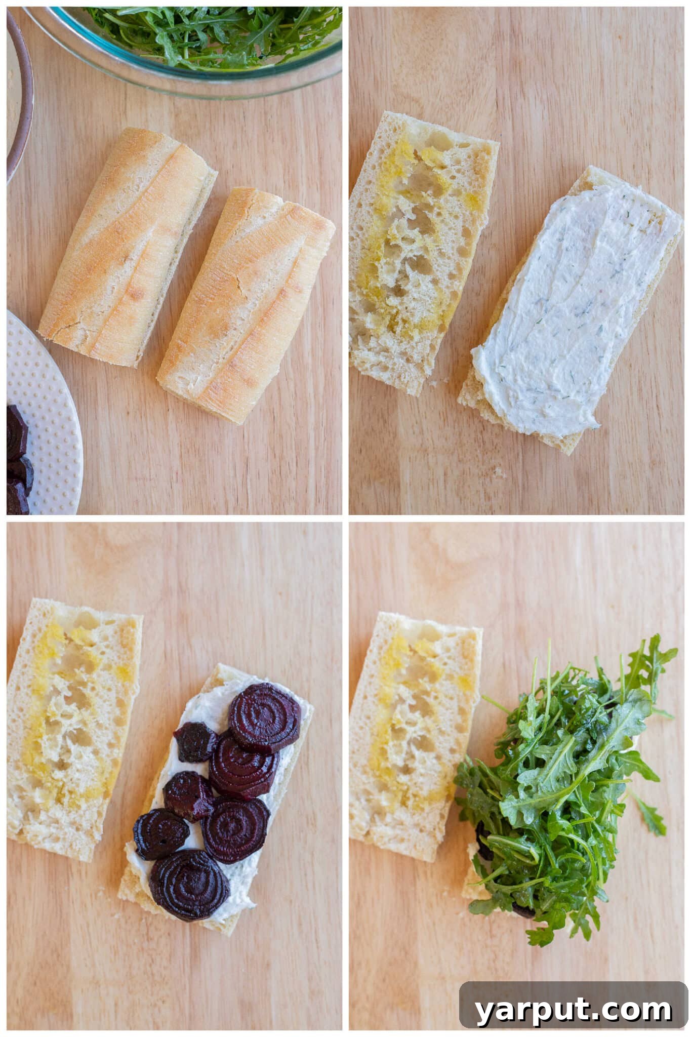 Vibrant Roasted Beet and Zesty Goat Cheese Sandwiches 5 showing how to assemble these easy roasted beet sandwiches with goat cheese and greens