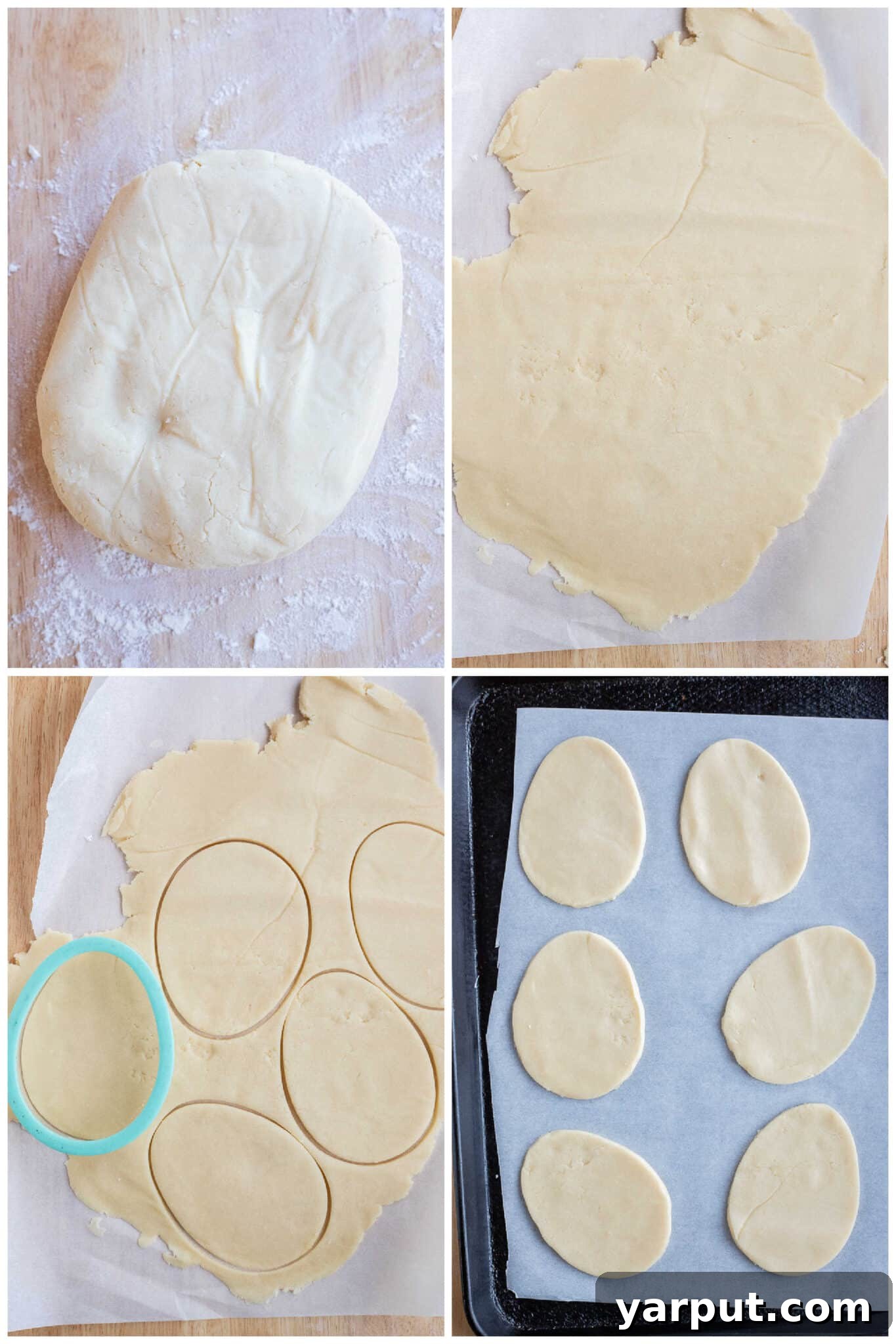 Step-by-step image showing how to make shortbread cutout Easter egg cookies, demonstrating the dough rolling and cookie cutter use.