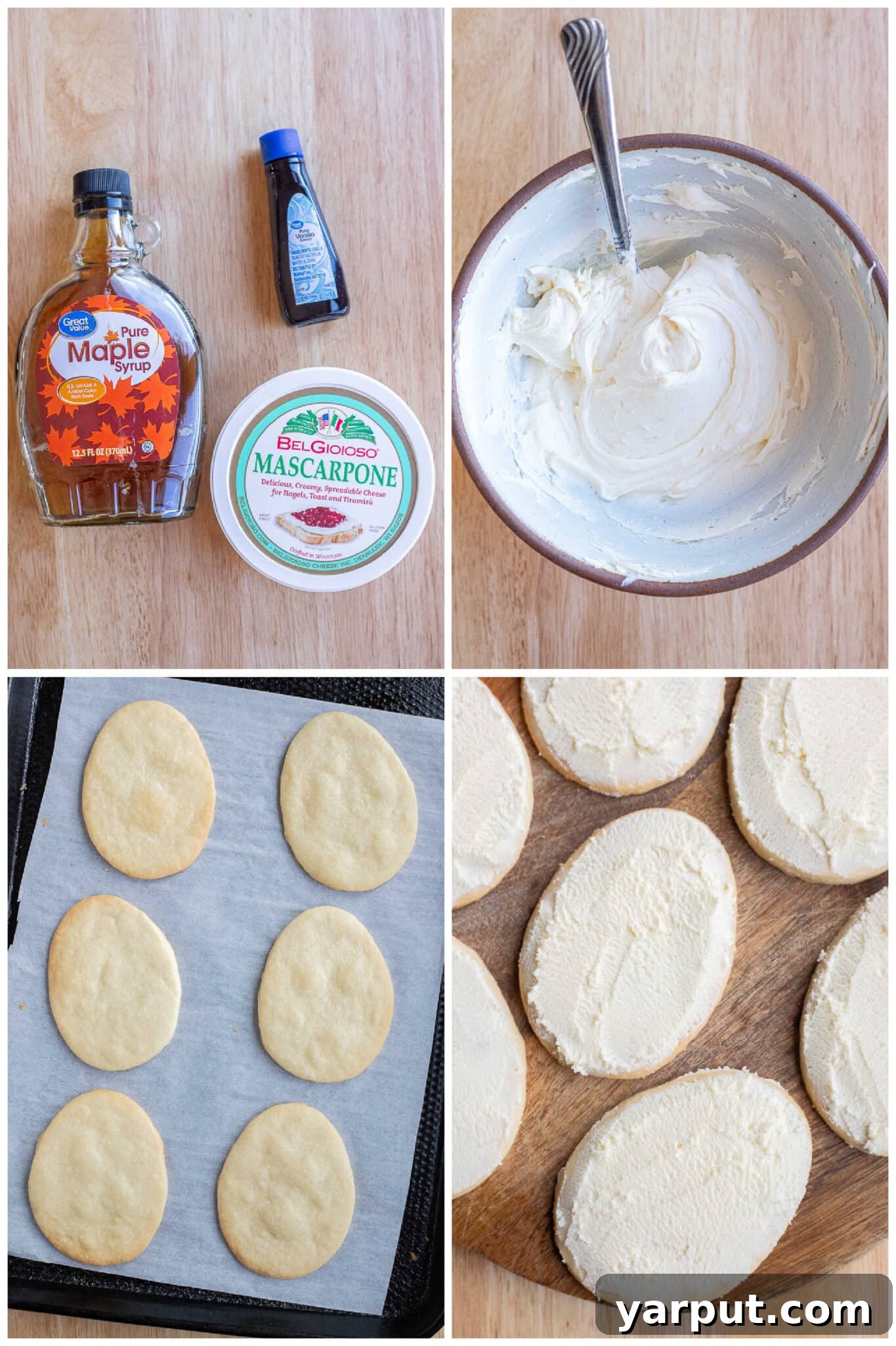 Image showing how to prepare the creamy mascarpone topping and spread it smoothly onto the baked Easter egg-shaped cookies.