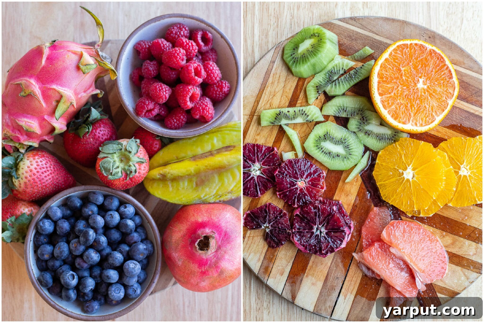 An array of colorful fresh fruits arranged on cutting boards, highlighting the variety used to decorate the creative Fruit Tart Easter Egg Cookies.