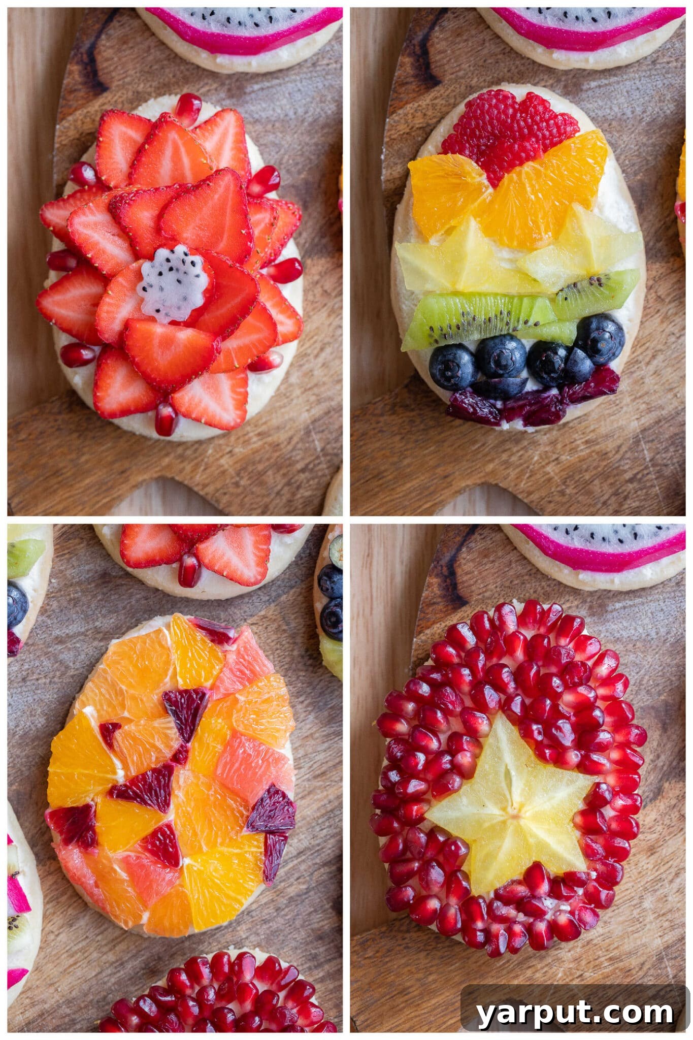 Close-up of a few beautifully decorated Fruit Tart Easter Egg Cookies, showcasing intricate fruit designs and creamy mascarpone.