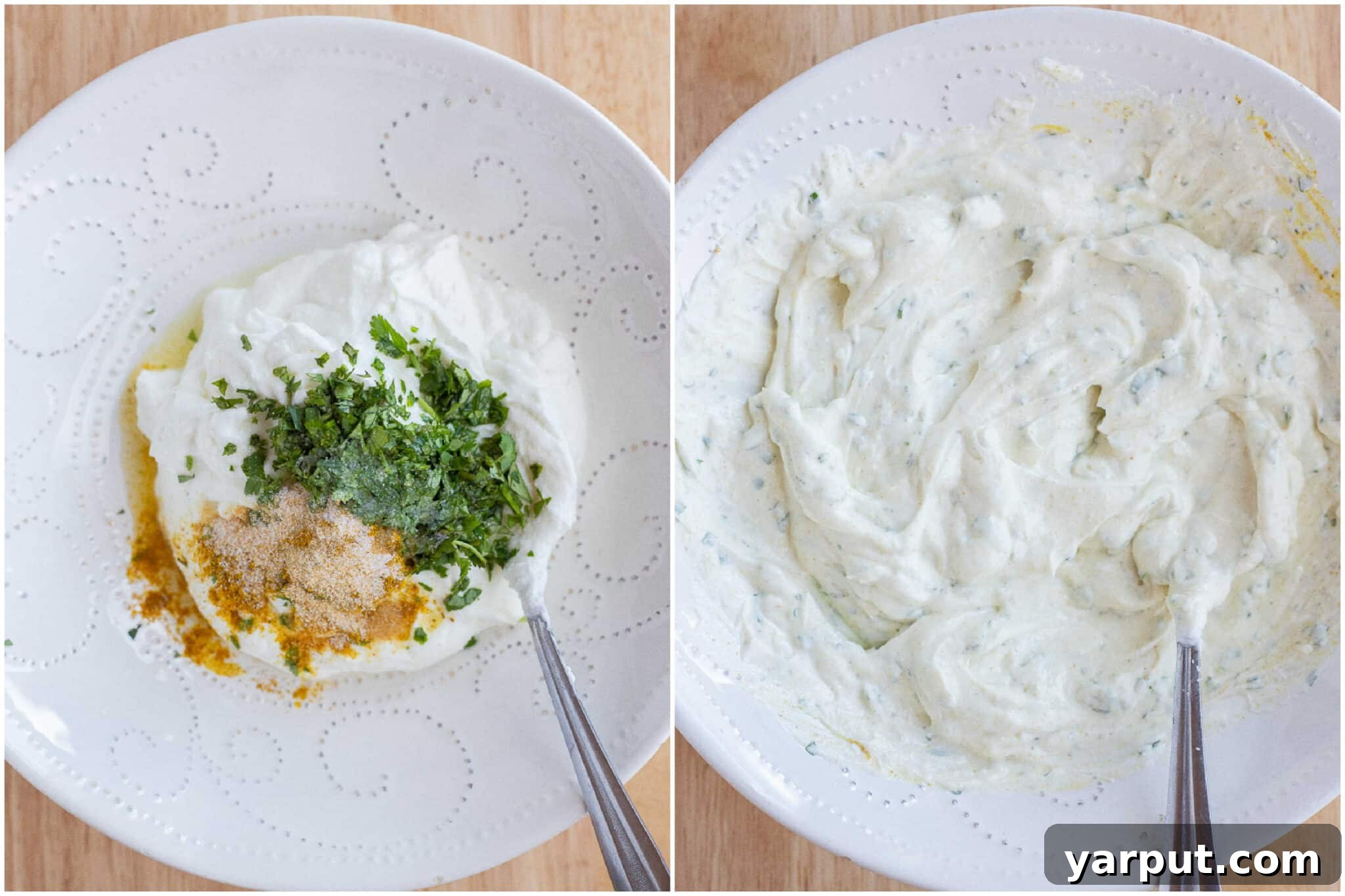 Spiced Lentils and Rice with Zesty Curry Yogurt 3 Hands preparing the vibrant curry yogurt sauce, mixing curry powder and fresh cilantro into creamy yogurt.