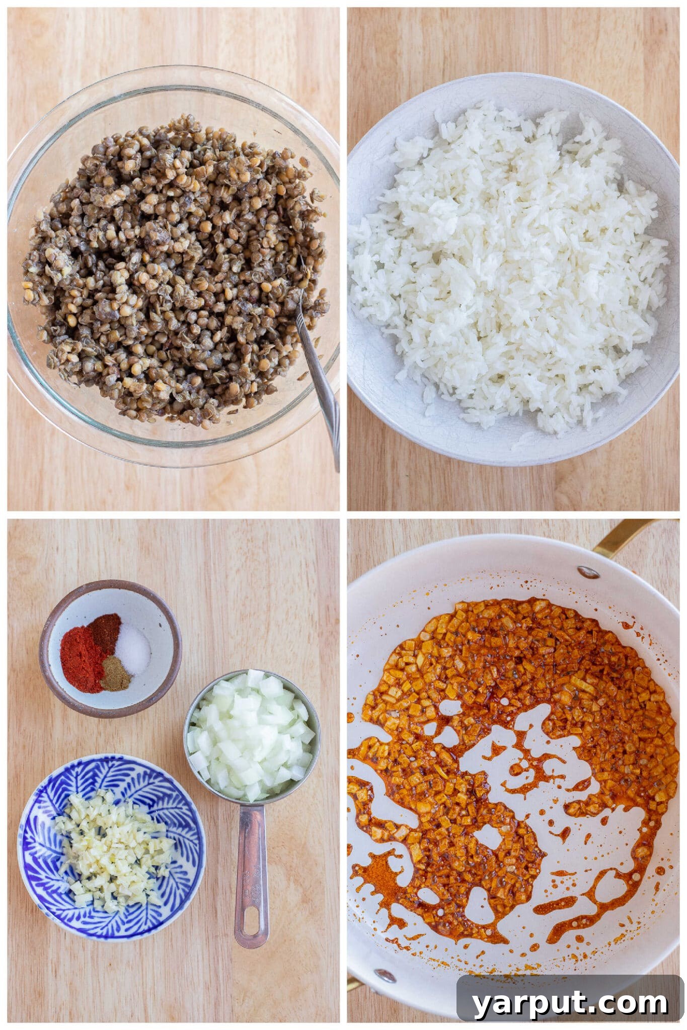 Spiced Lentils and Rice with Zesty Curry Yogurt 4 All the fresh and pantry ingredients laid out neatly, ready for preparing the lentil and rice stir fry.