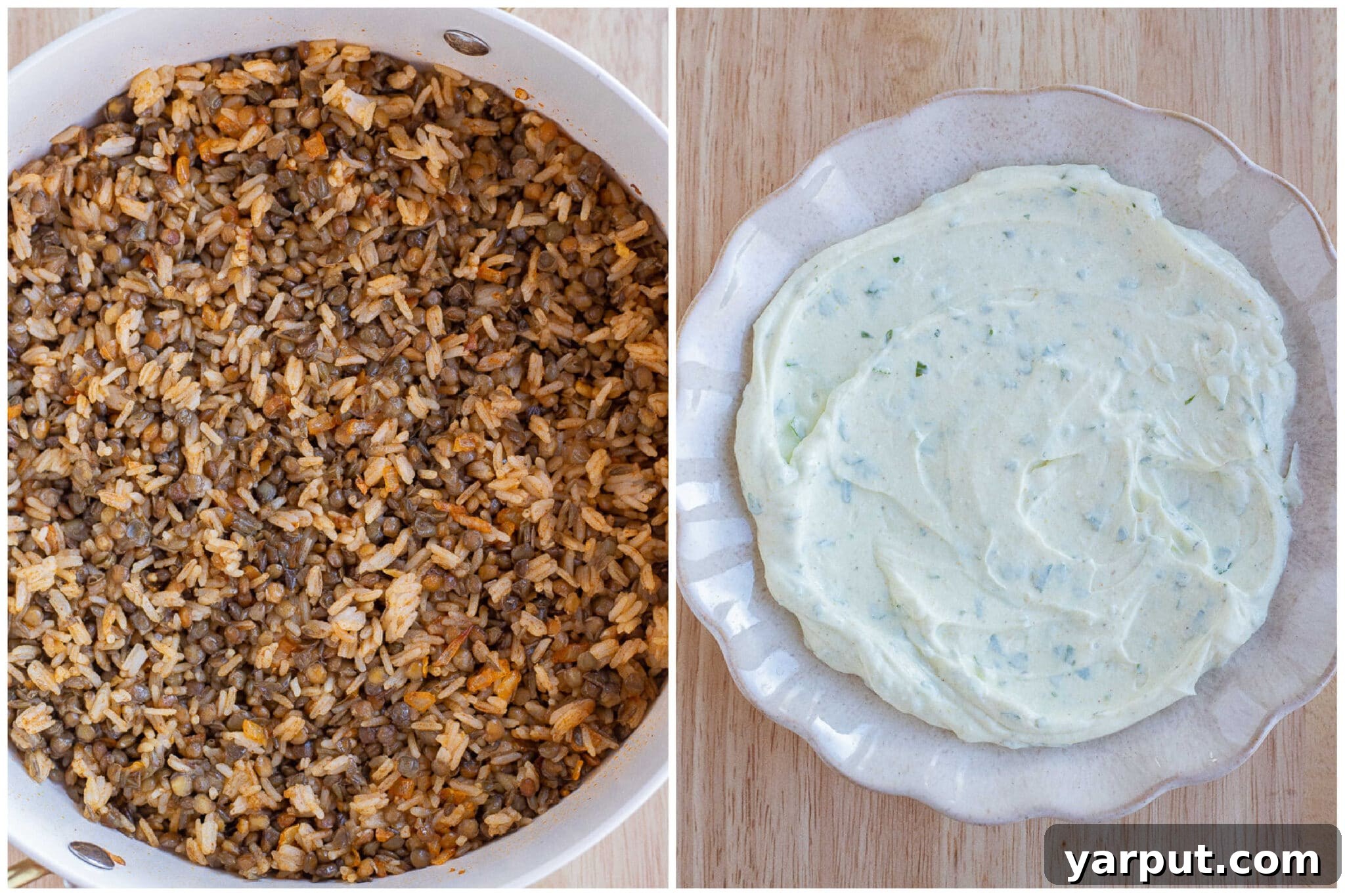 Spiced Lentils and Rice with Zesty Curry Yogurt 5 A stir fry pan filled with seasoned rice and lentils next to a bowl of creamy curry yogurt sauce.