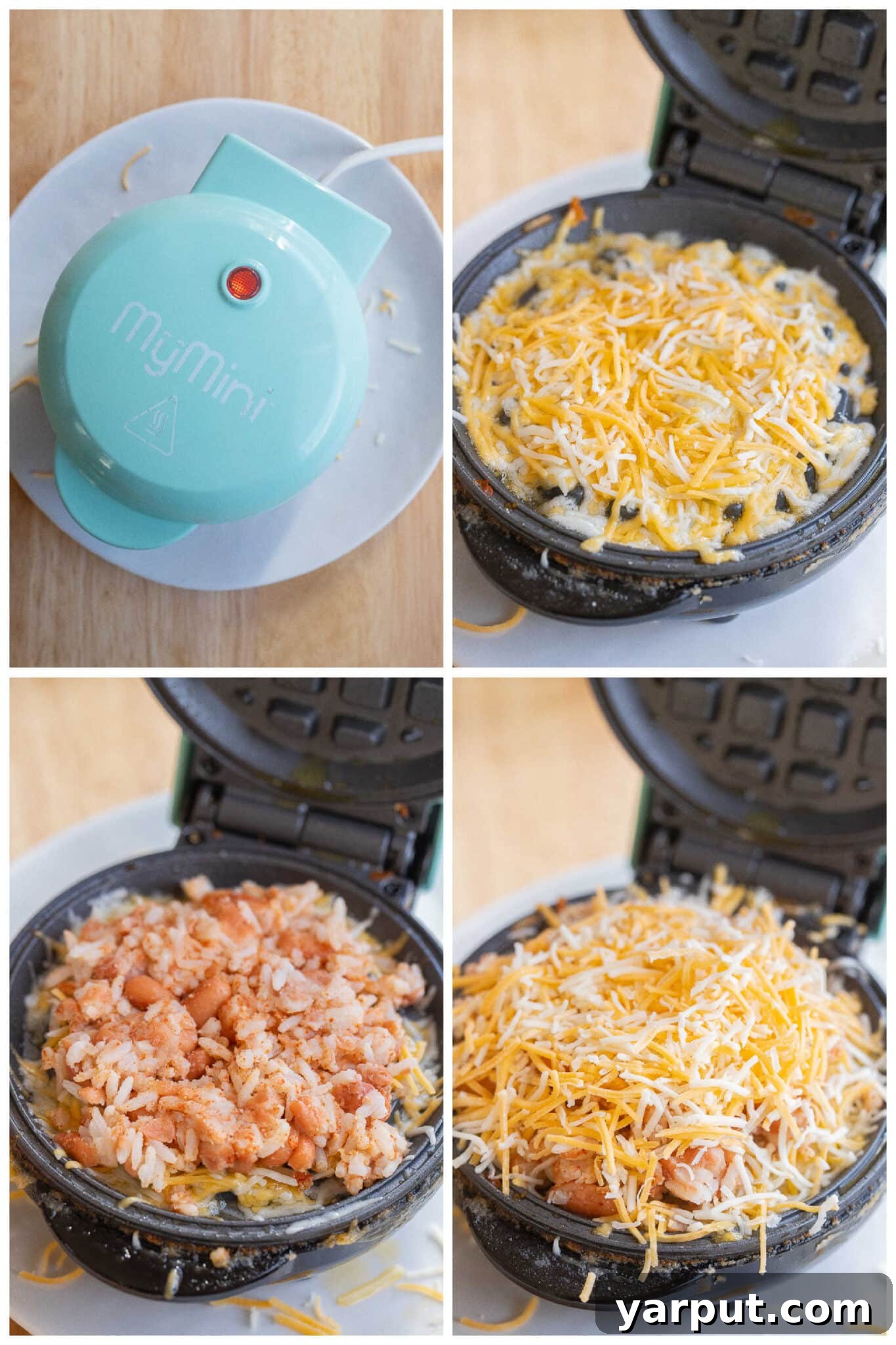 Savory Cheesy Rice and Bean Waffles 4 Three golden-brown Cheesy Rice and Bean Waffles, stacked on a small plate, ready for toppings.