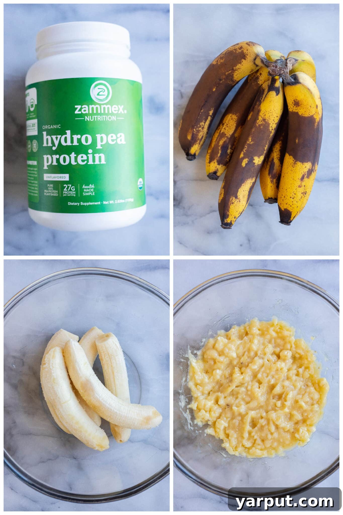 Protein-Packed Baked Oats 3 photo showing the protein powder and ripe bananas used to create this healthy baked oatmeal recipe