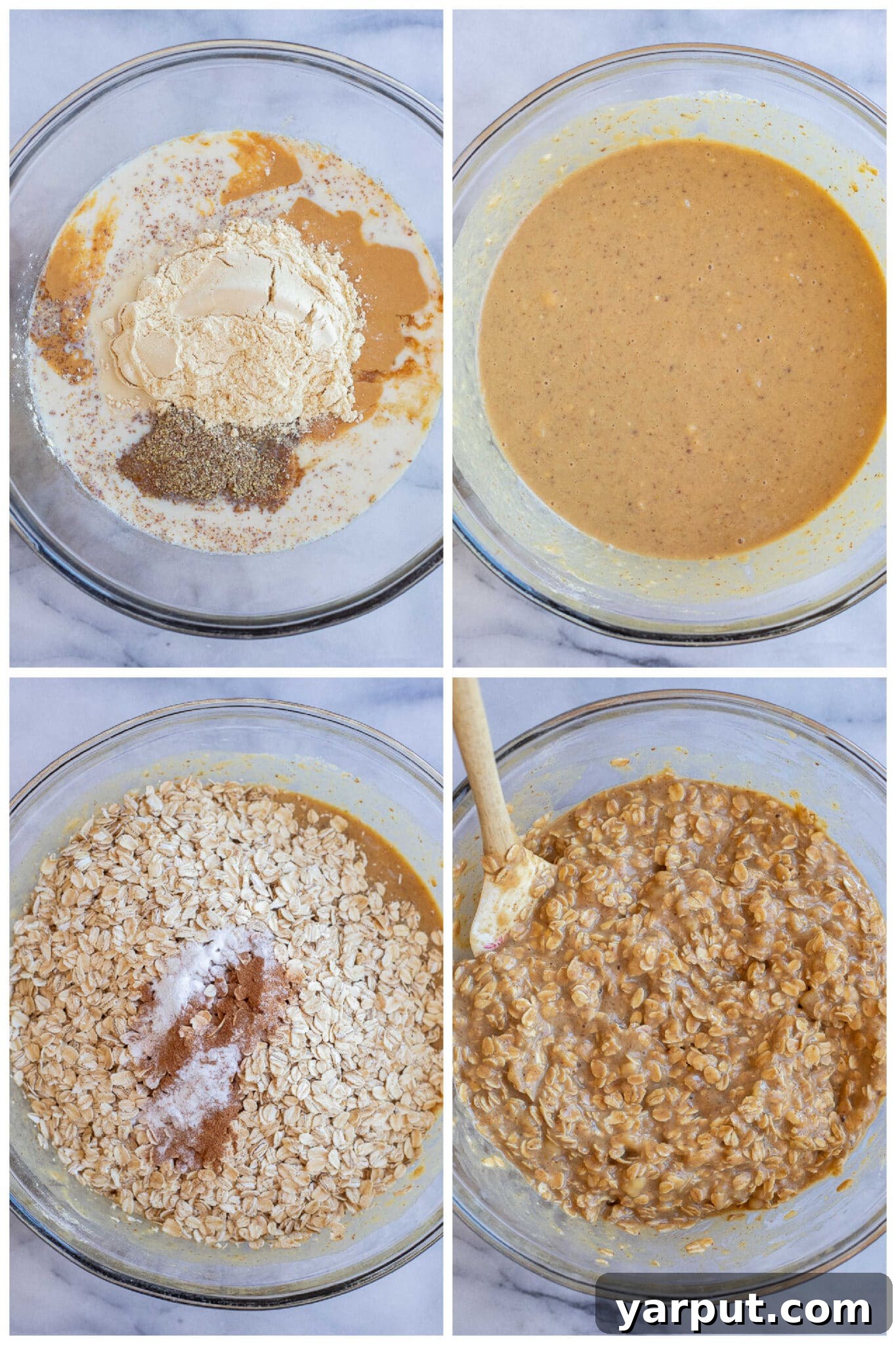 Protein-Packed Baked Oats 4 visual guide on how to mix together the high protein baked oatmeal batter in a single bowl