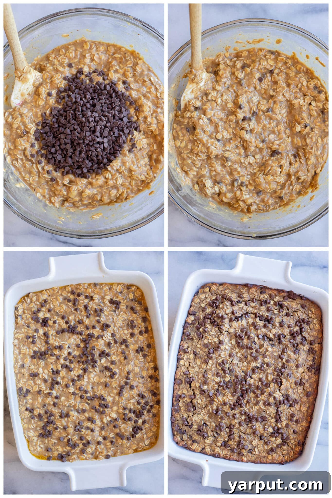 Protein-Packed Baked Oats 5 step-by-step photos demonstrating how to easily make baked oatmeal with added protein powder