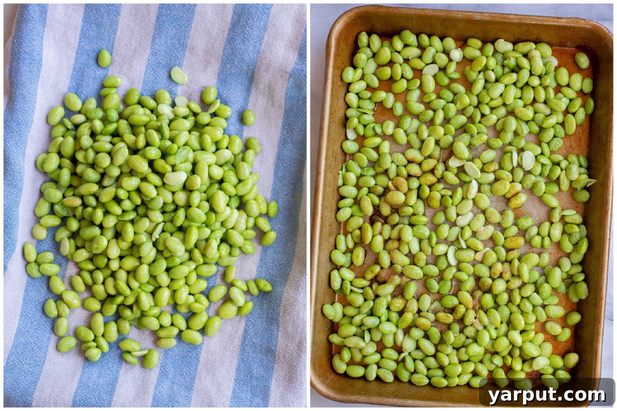 Perfectly Crunchy Oven-Roasted Edamame 4 showing how to dry the edamame and add all the seasonings on