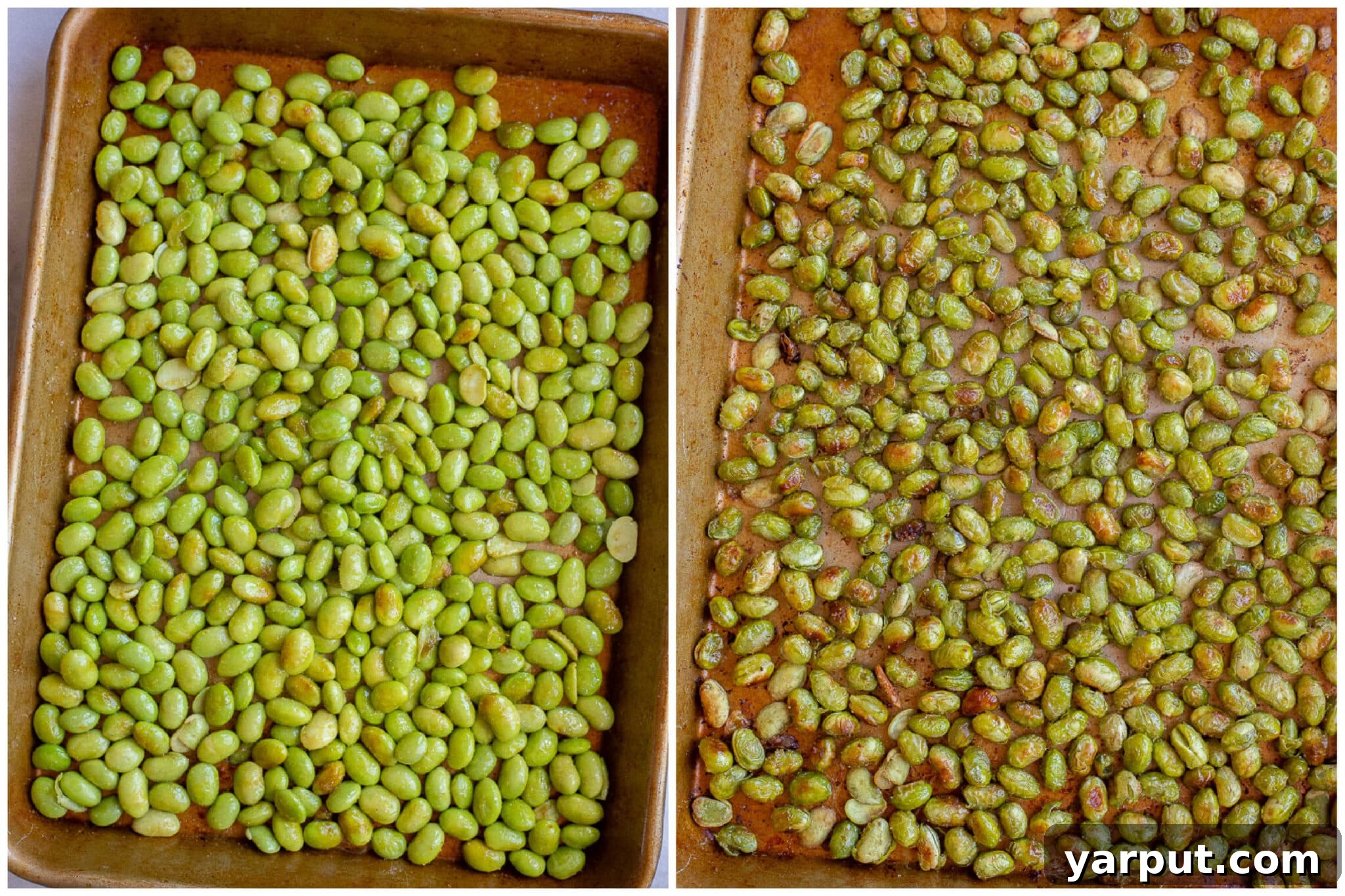 Perfectly Crunchy Oven-Roasted Edamame 5 crispy edamame before and after it has been roasted