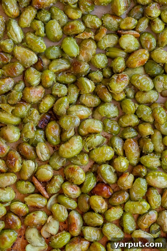 Perfectly Crunchy Oven-Roasted Edamame 7 close up of salty roasted edamame on a sheet pan