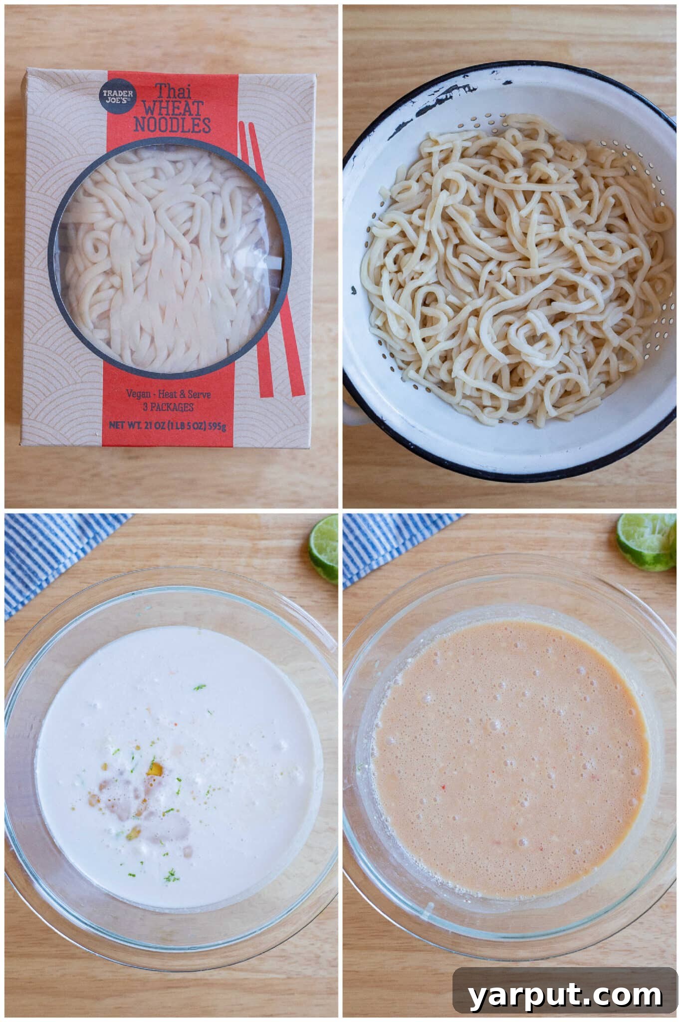 Step-by-step image showing how to make the creamy coconut lime noodles, with the sauce simmering in a pan.