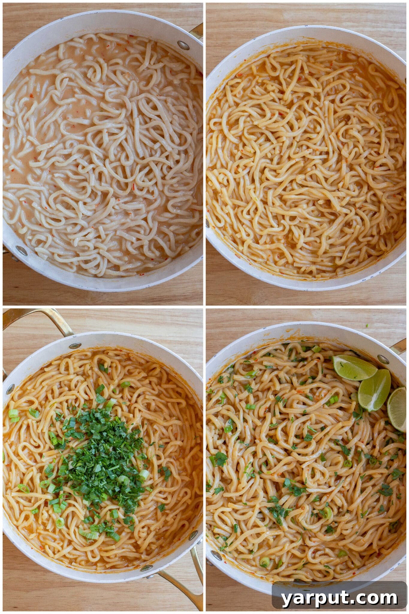 Creamy coconut lime noodles mixed with fresh herbs in a large pan, ready to be served.