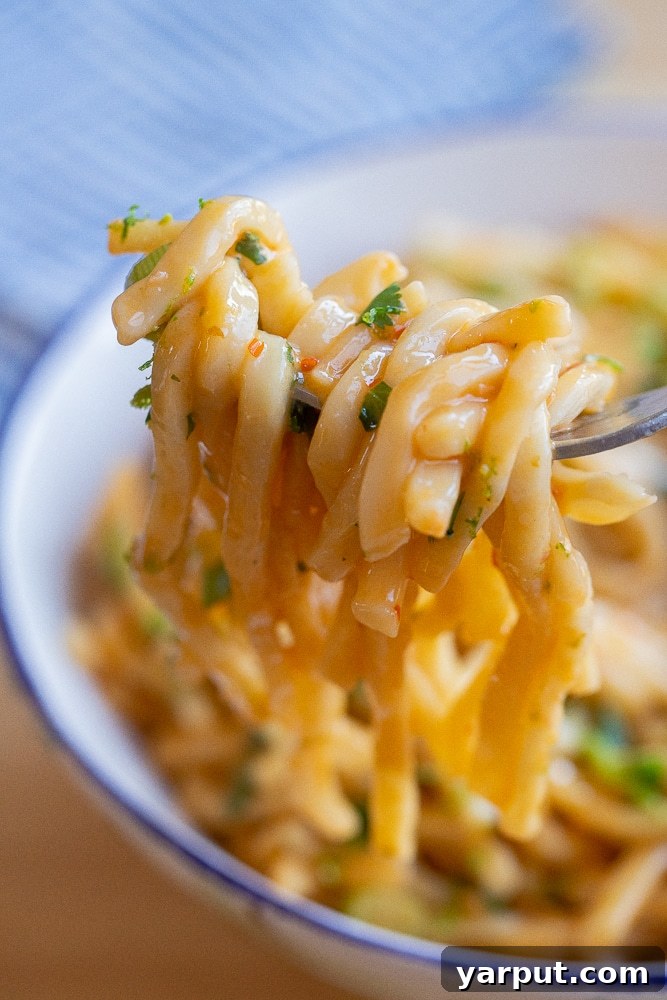 Close-up of a fork holding a bite of saucy coconut lime noodles, showing the creamy texture and fresh garnish.