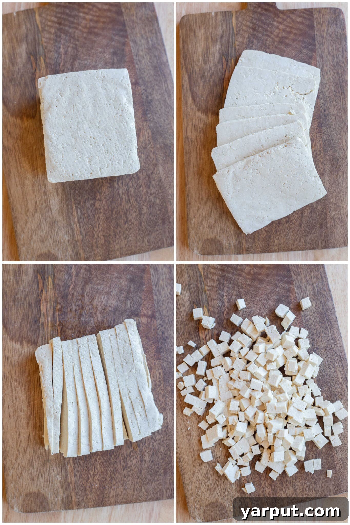 Ultimate Crispy Vegan Pancetta 3 showing how to cut the tofu into small cubes for this vegan pancetta recipe