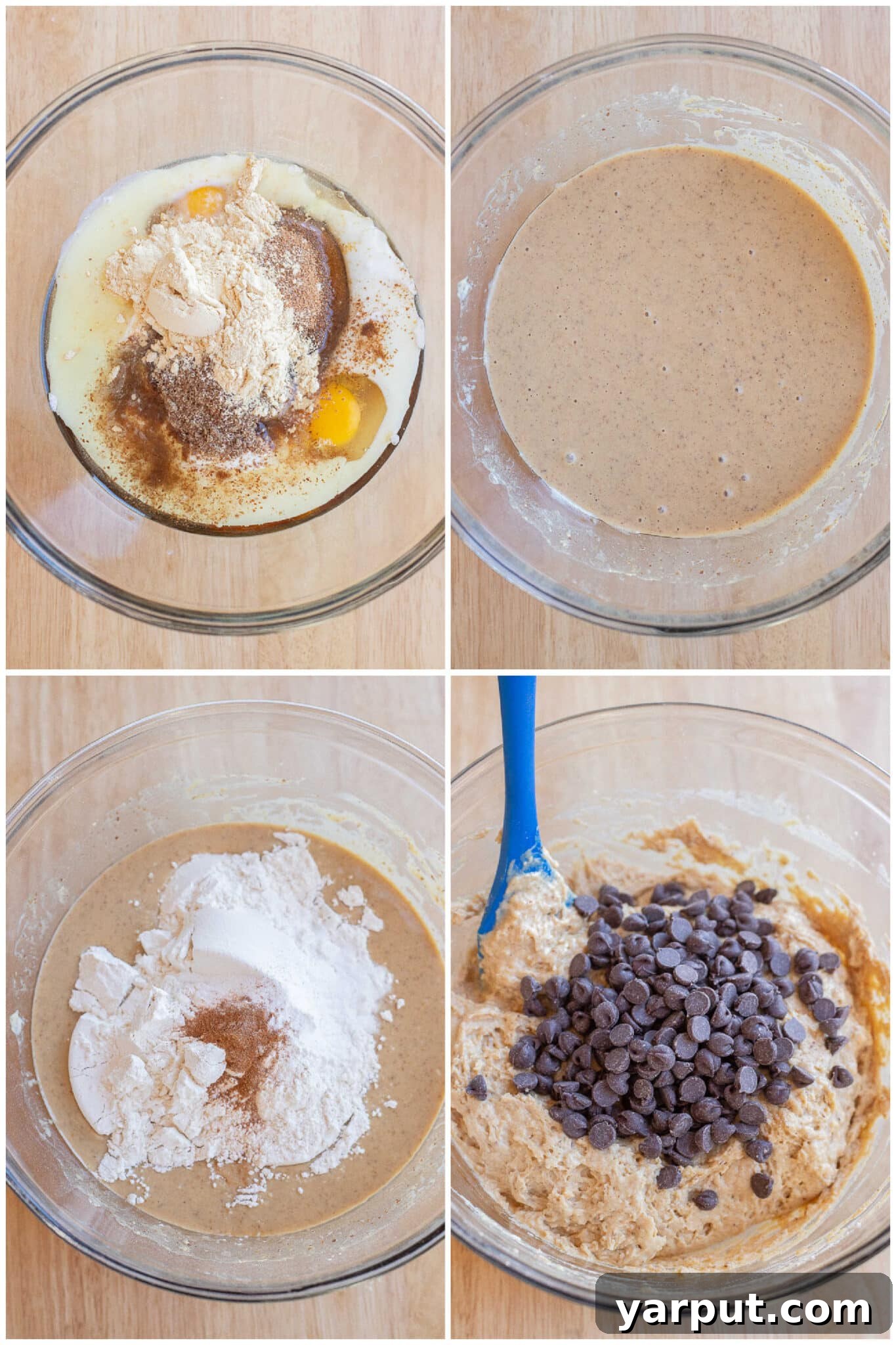 showing how to make healthier chocolate chip muffins with protein powder and flax seed