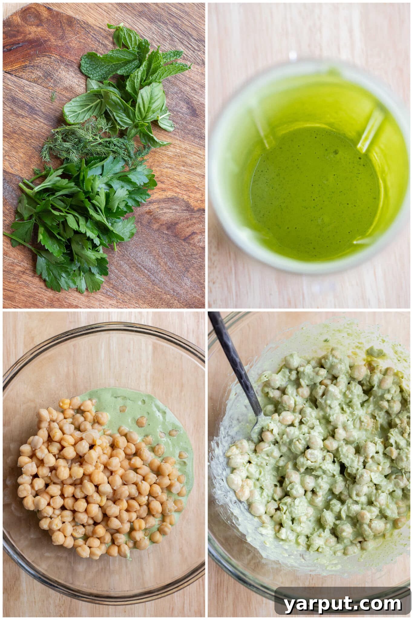 Emerald Goddess Chickpea Rolls 3 step-by-step image showing how to prepare the creamy herby tahini dressing and then combine it with chickpeas in a bowl