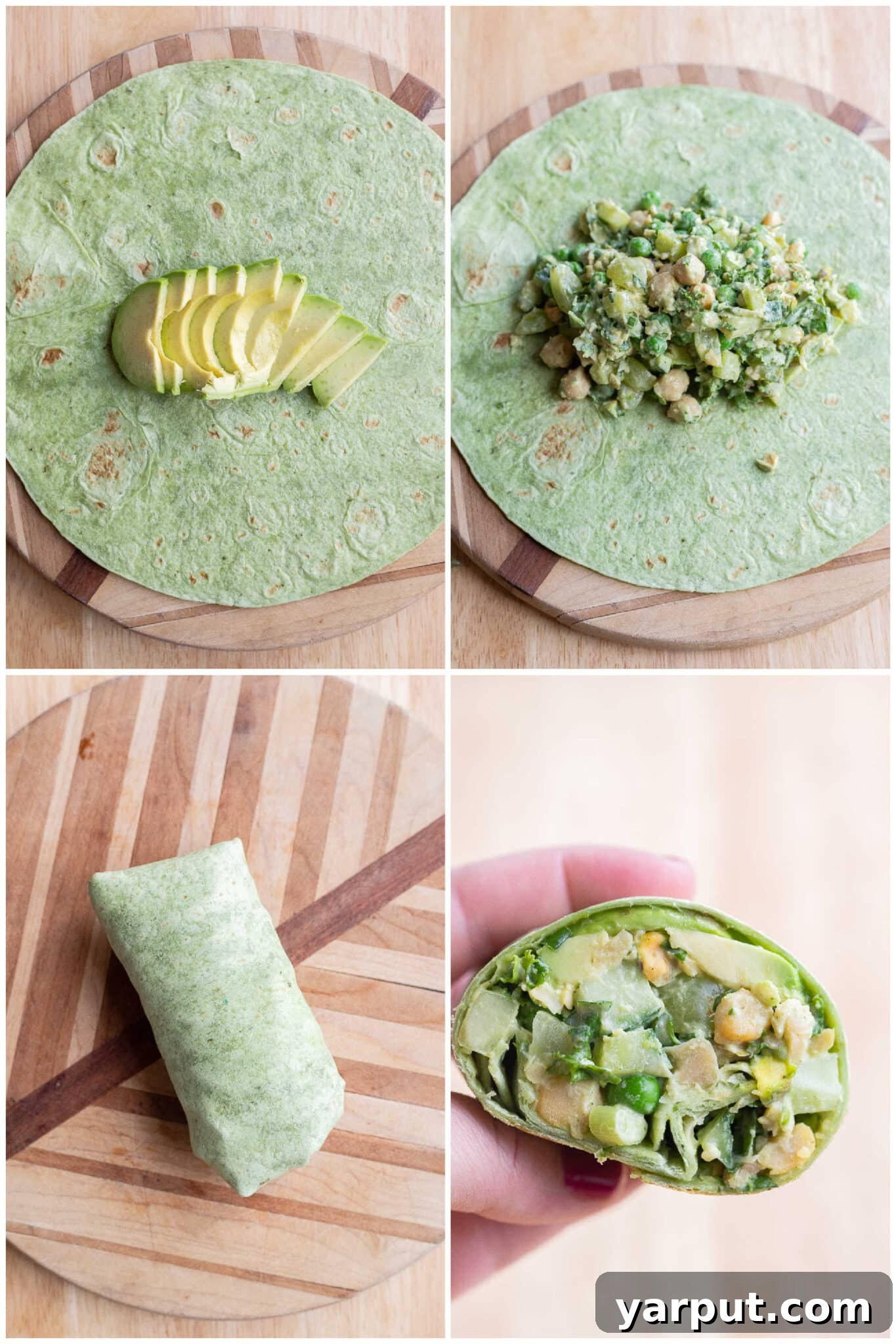 Emerald Goddess Chickpea Rolls 5 a visual guide demonstrating how to assemble a vegan green goddess chickpea wrap, featuring fresh avocado slices and spinach wraps