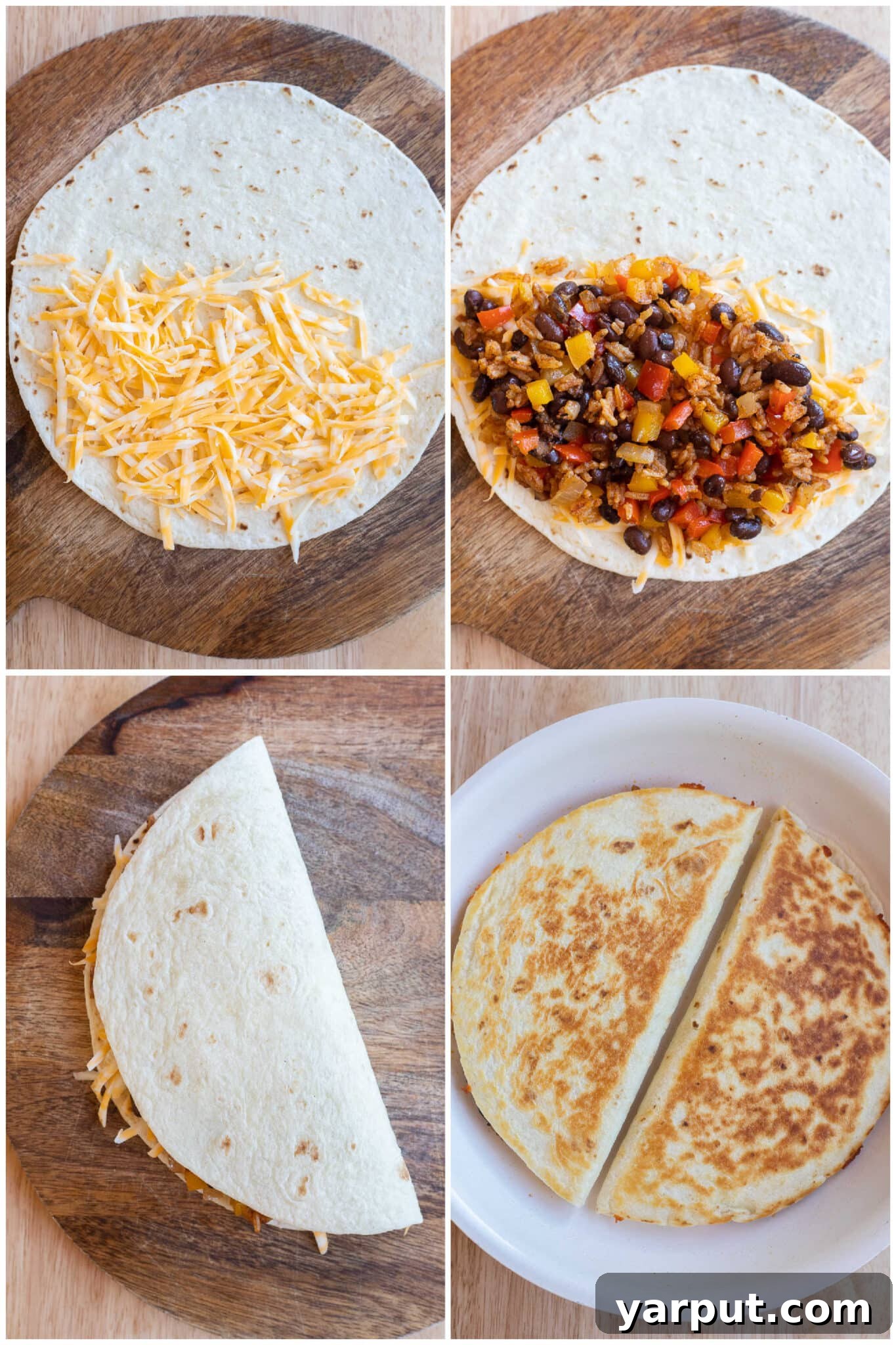 Sizzling Fajita Rice & Bean Quesadillas 4 showing how to assemble and cook a vegetarian fajita quesadilla