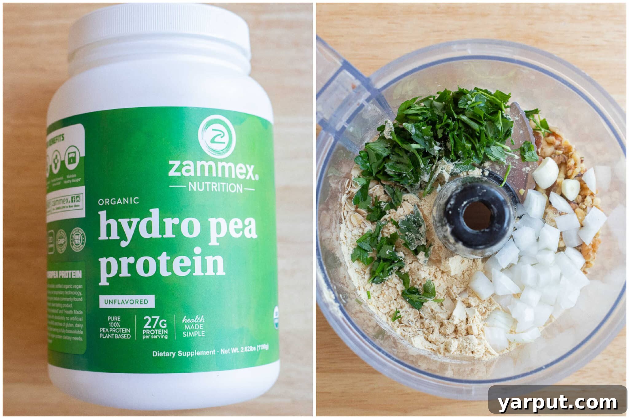 Ingredients for high-protein kidney bean burgers including hydro pea protein, oats, onion, parsley, garlic, and walnuts in a food processor.