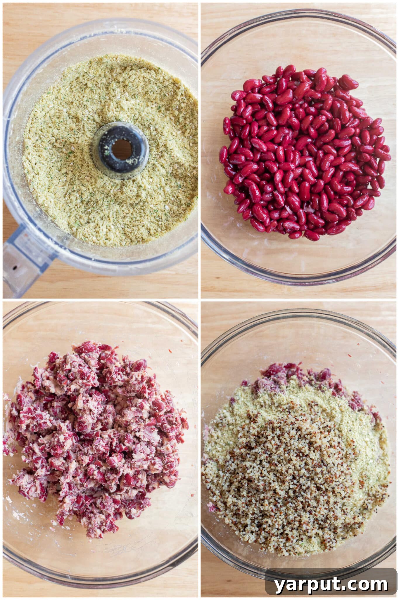 Step-by-step imagery showcasing the process of making kidney bean burgers, from mixing ingredients to forming patties.