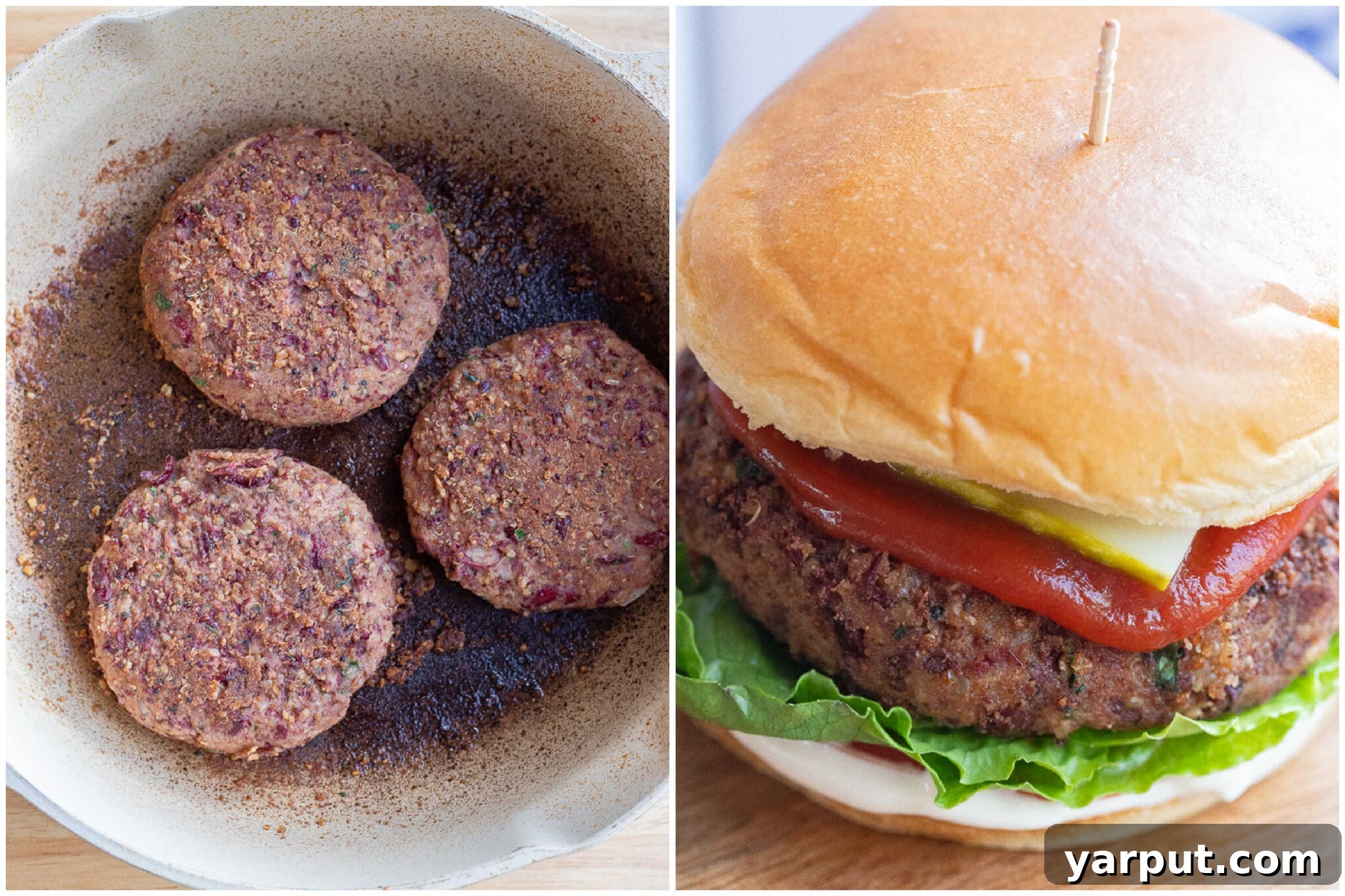 High-protein kidney bean burger being cooked in a frying pan, showing a golden brown crust.