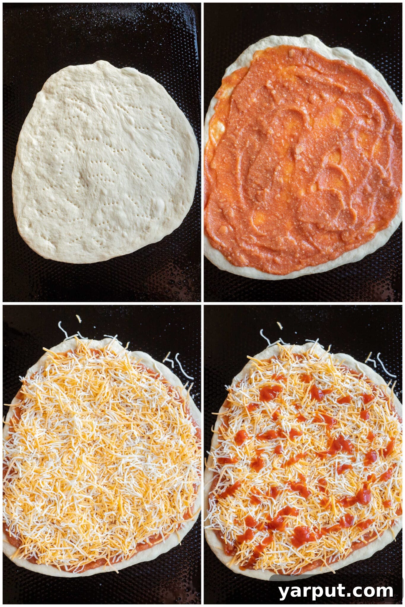 Savor the Crunch: Vegetarian Taco Pizza with Crispy Black Beans 4 showing how to assemble the vegetarian taco pizza with four easy steps