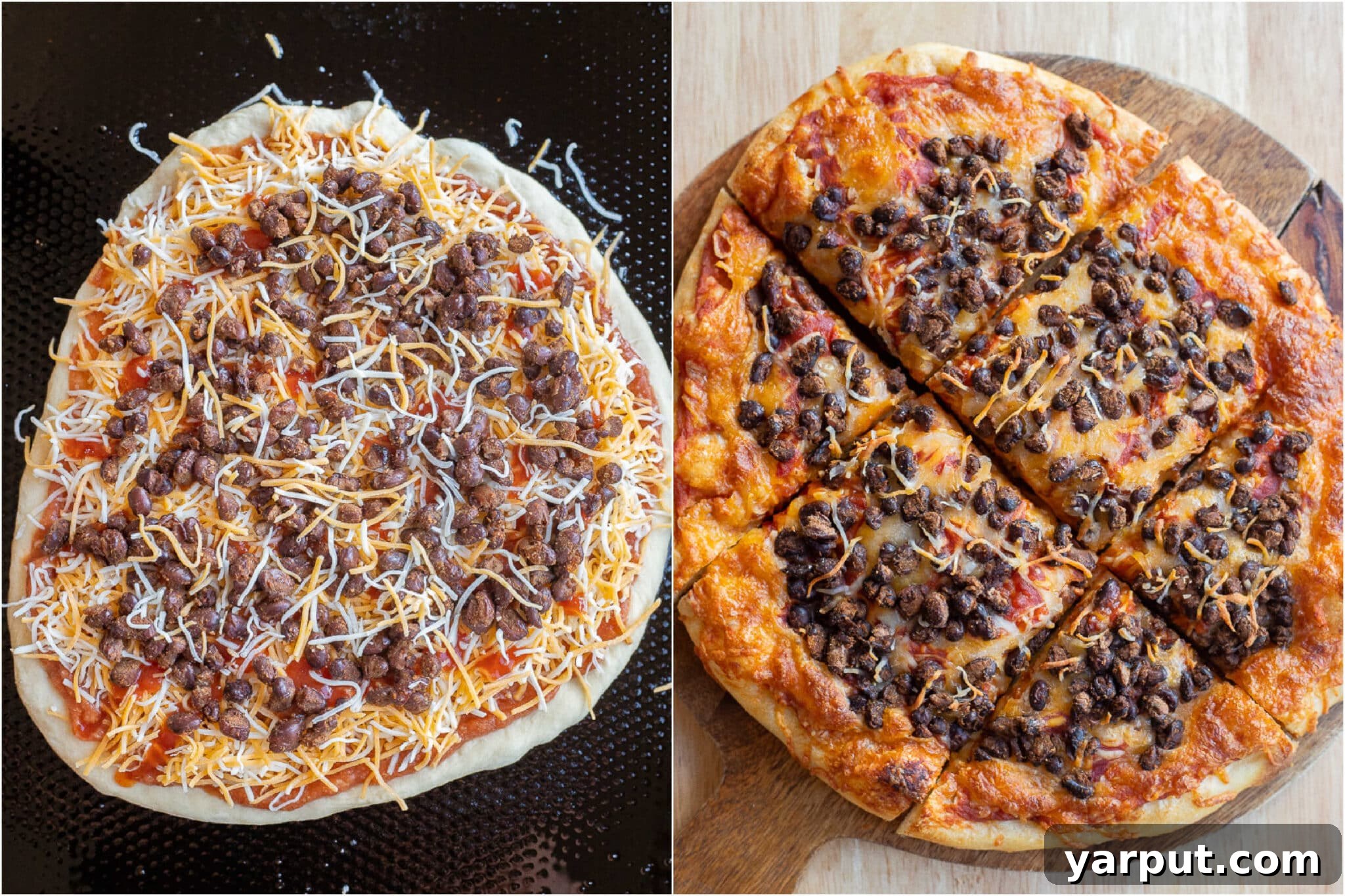 Savor the Crunch: Vegetarian Taco Pizza with Crispy Black Beans 5 vegetarian taco pizza with crispy black beans before and after it has been baked