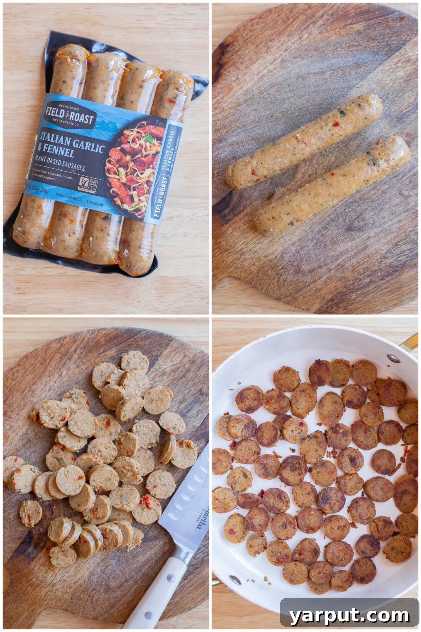 Skillet Veggie Sausage & Red Bean Rice 3 vegetarian sausages sliced and cooked in a pan
