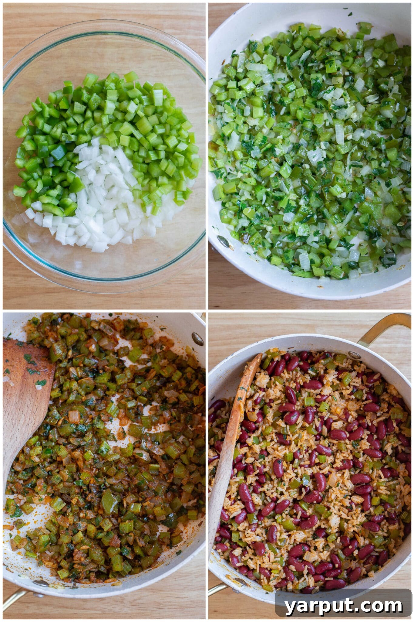 Skillet Veggie Sausage & Red Bean Rice 4 showing how to make the cooked vegetables for this bean and rice recipe