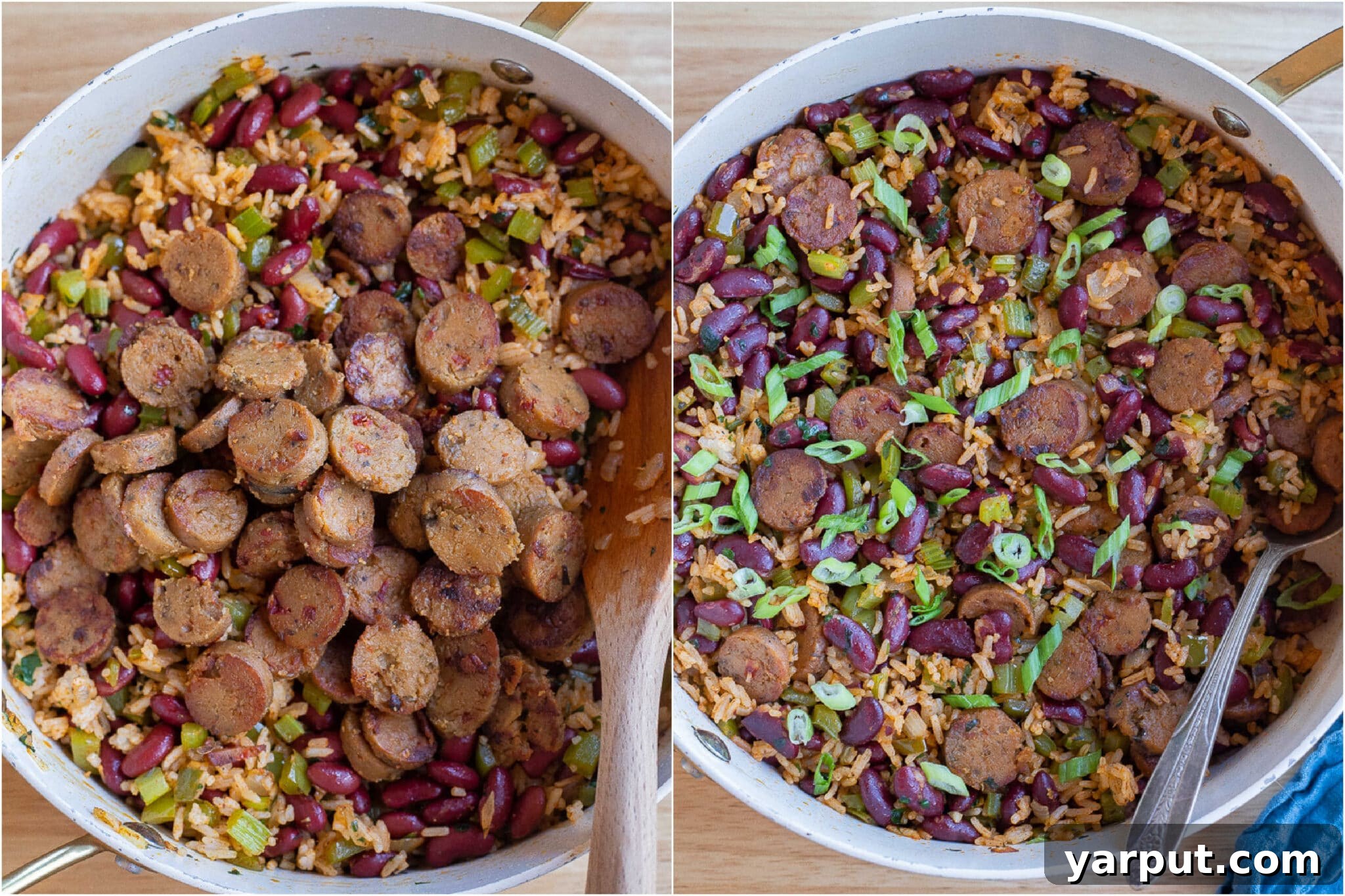 Skillet Veggie Sausage & Red Bean Rice 5 vegetarian sausage with red beans and rice in a skillet topped with sliced green onion