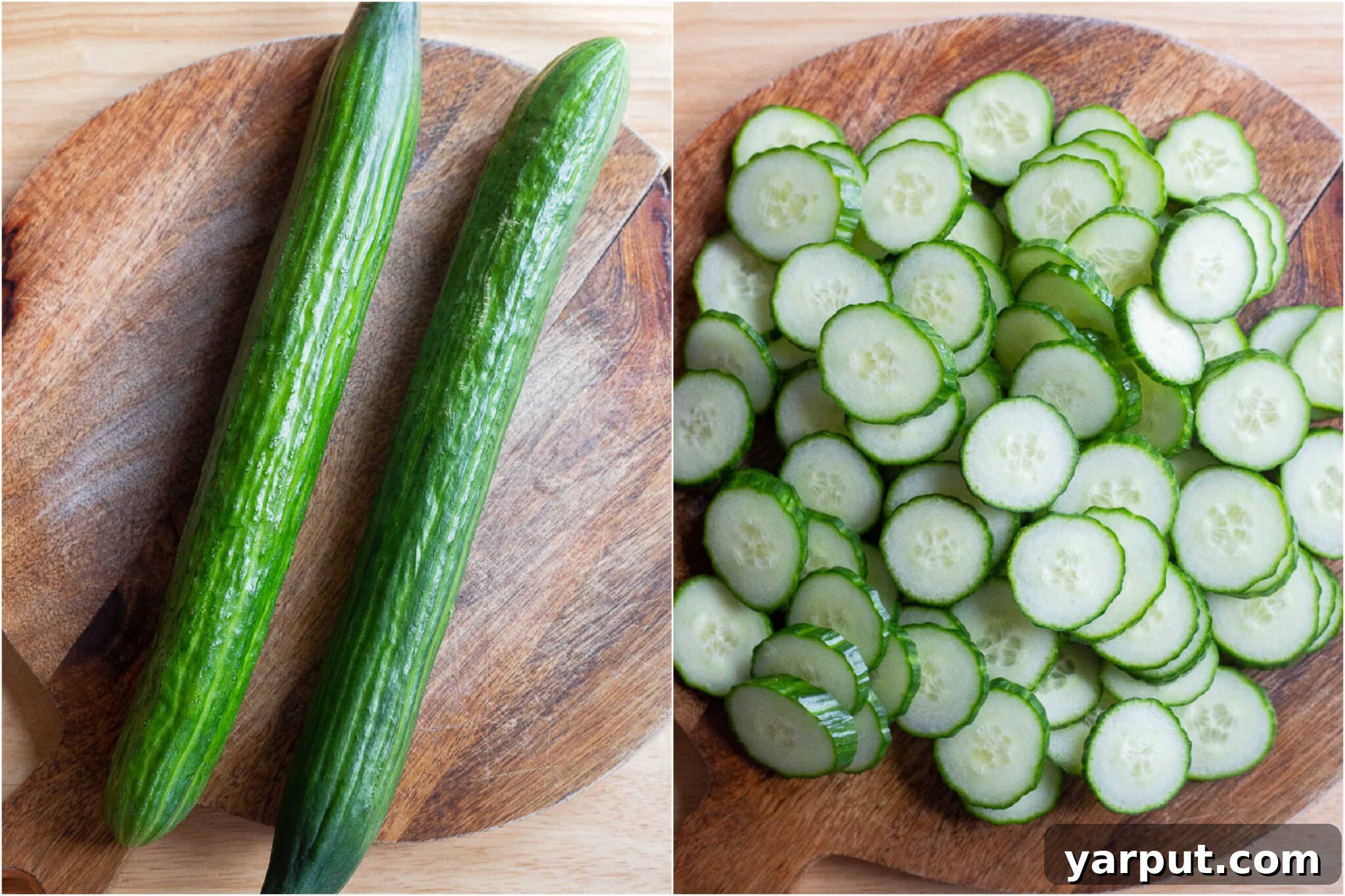 Zesty Avocado Cucumber Crunch Salad 3 Crisp English cucumbers, thinly sliced into perfect rounds, arranged on a rustic wooden cutting board, ready for the salad.