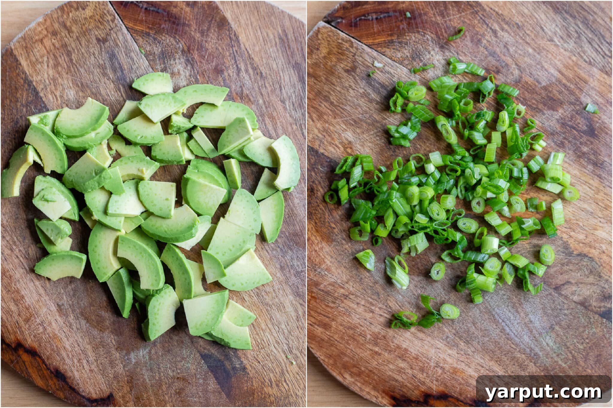 Zesty Avocado Cucumber Crunch Salad 4 Freshly sliced creamy avocado and vibrant green onion pieces on a cutting board, prepared for the salad.
