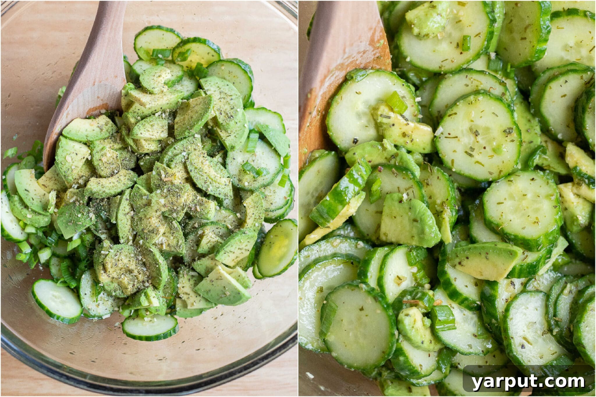 Zesty Avocado Cucumber Crunch Salad 5 Before and after view of avocado cucumber salad in a mixing bowl, showing the transformation from separate ingredients to a well-combined, creamy texture.