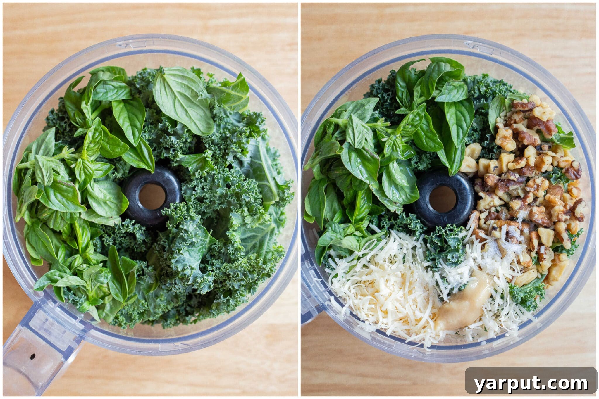 Zesty Kale Pesto 4 A flat lay showing all the fresh ingredients laid out on a kitchen counter, including kale, basil, garlic, lemon, walnuts, parmesan, and olive oil, all ready to be used for the refreshing kale pesto recipe.