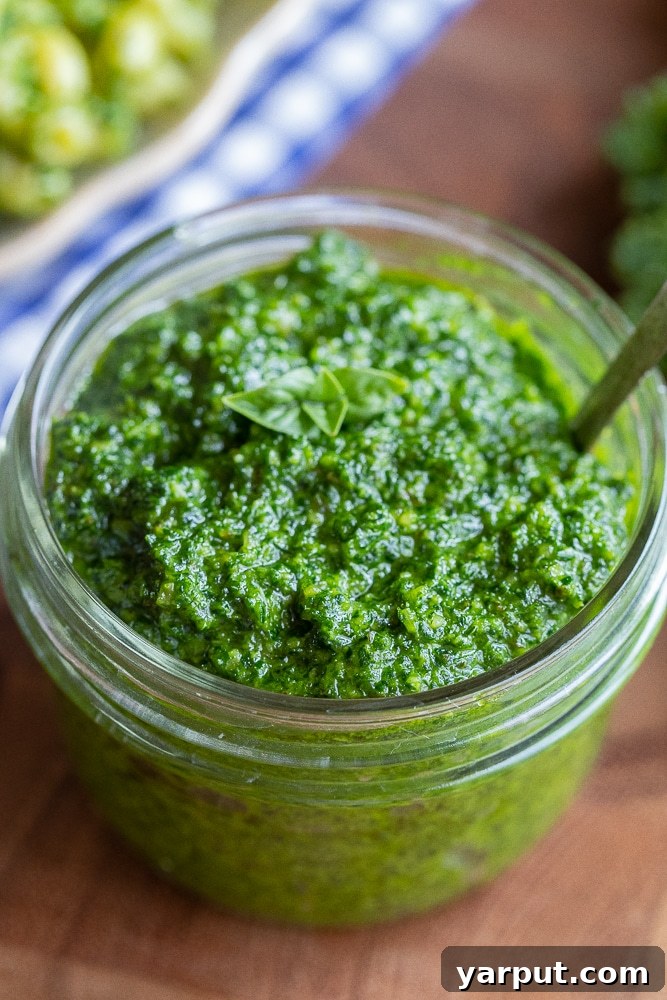 Zesty Kale Pesto 6 A glass jar filled to the brim with freshly made, vibrant green homemade kale pesto, ready for storage or use.
