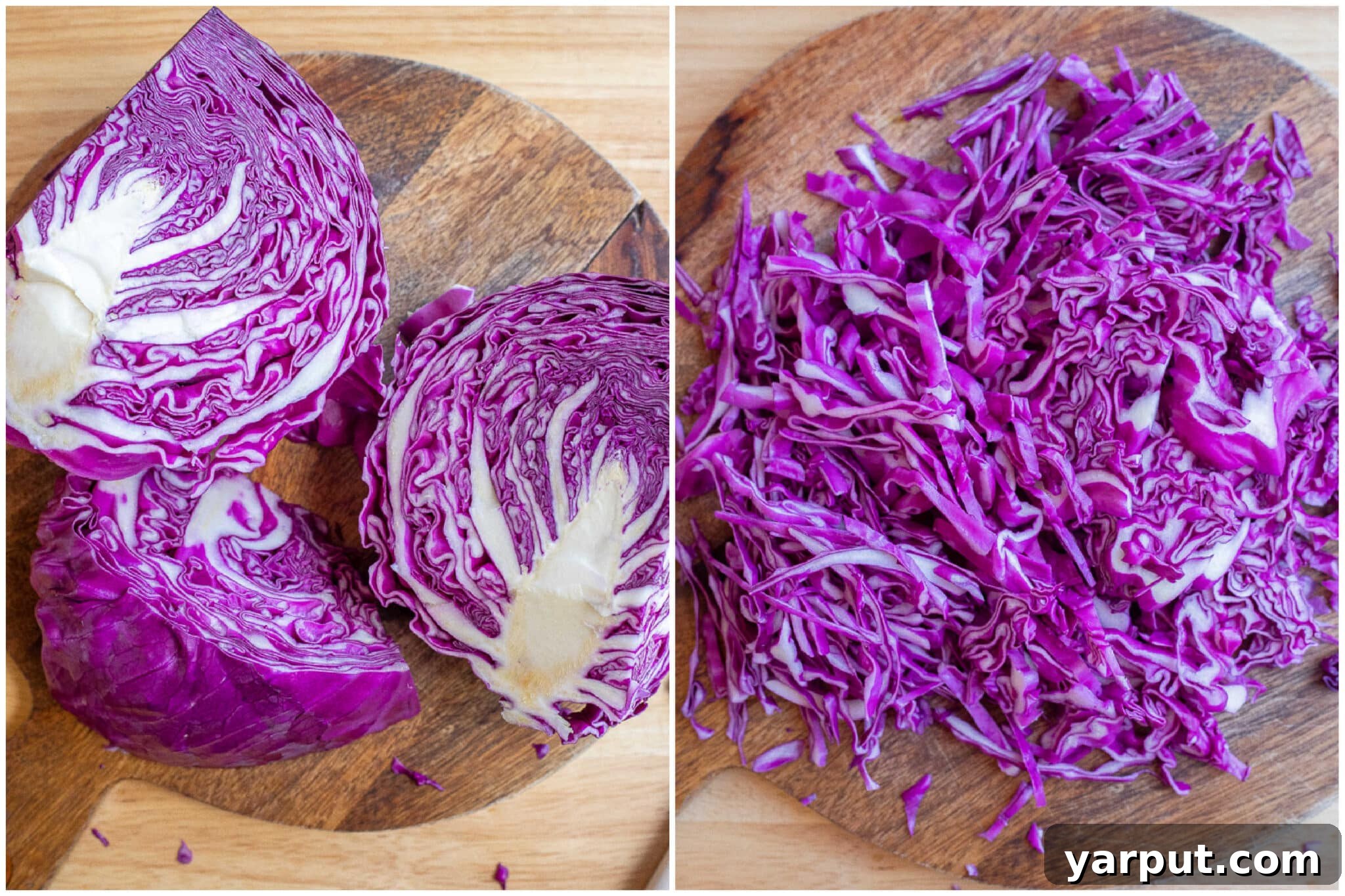 Close-up of the purple cabbage salad, showcasing its vibrant color and fresh ingredients.