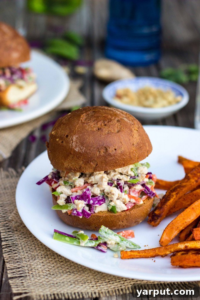 Vibrant Asian Tofu Salad Sandwiches 9 A plate of Asian Tofu Salad Sandwiches with extra sauce