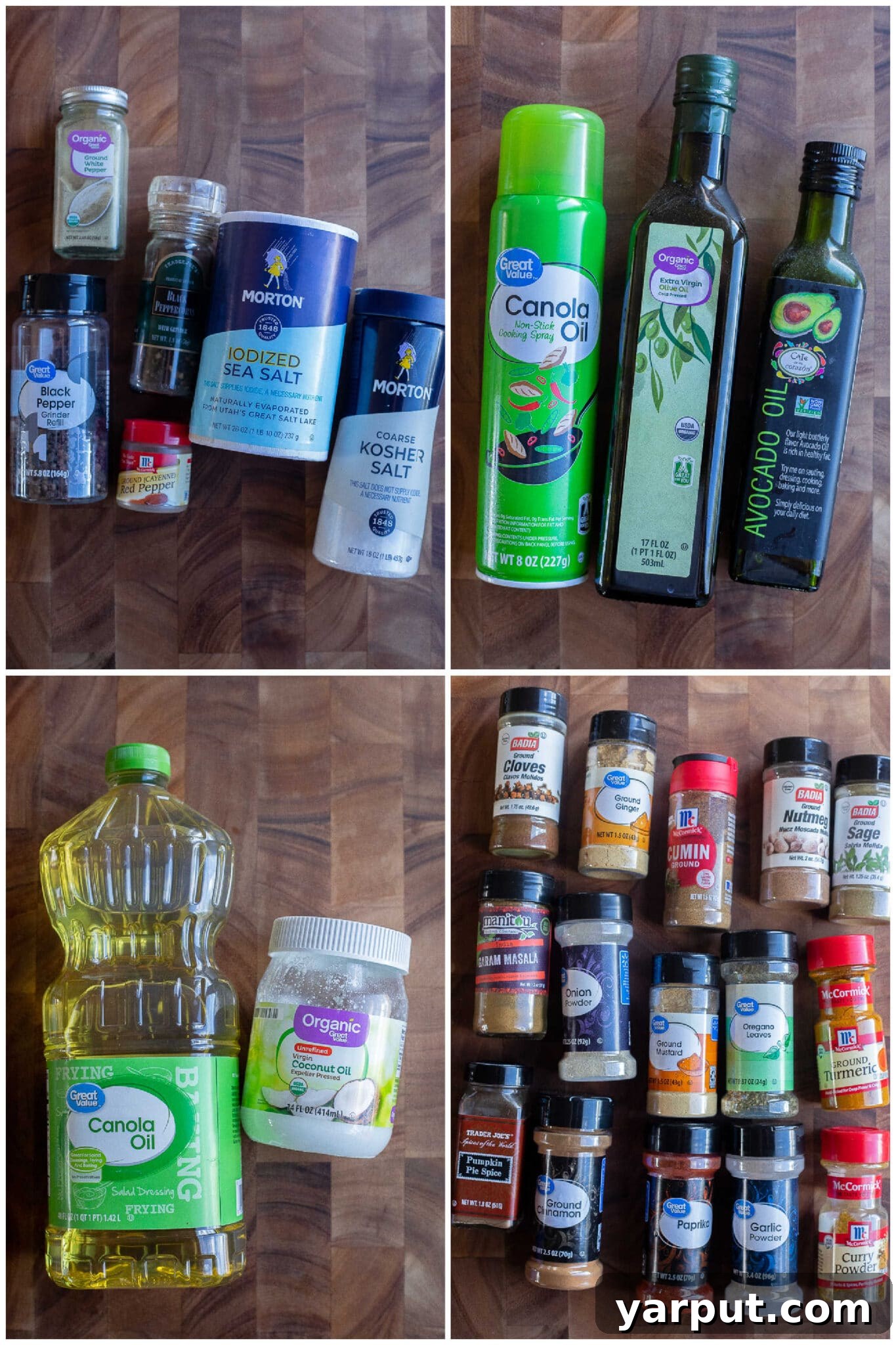 35 Essential Plant-Based Pantry Staples 3 An array of dry pantry staples including various oils, salts, peppers, and spice jars, neatly organized for a vegetarian kitchen.