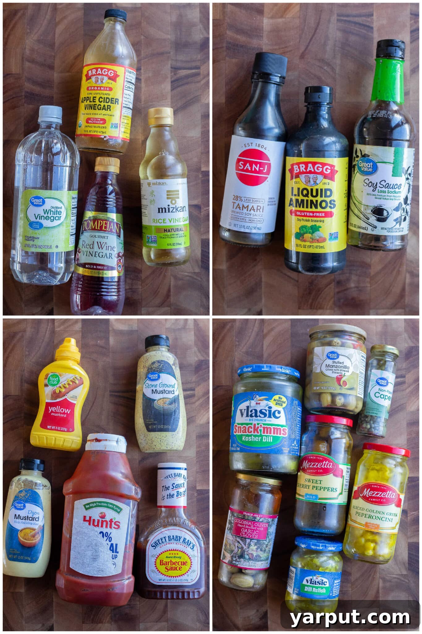 35 Essential Plant-Based Pantry Staples 4 A selection of essential vegetarian flavor enhancers: vinegars, tamari, mustards, and pickled vegetables.