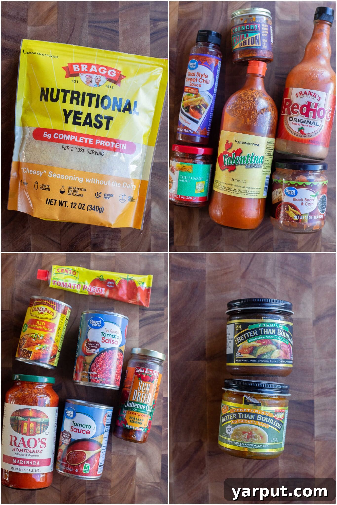 35 Essential Plant-Based Pantry Staples 6 A diverse selection of vegetarian pantry essentials: nutritional yeast, canned tomatoes, broths, and hot sauces.