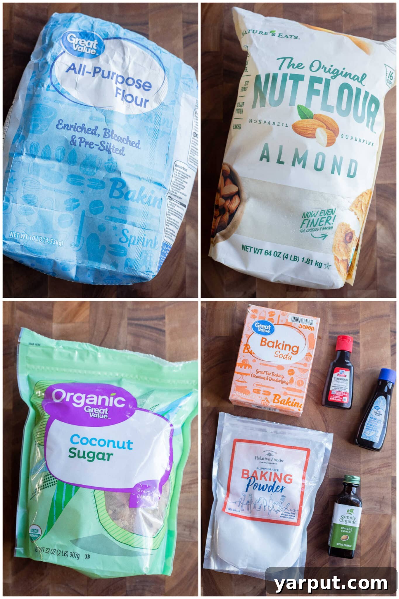 35 Essential Plant-Based Pantry Staples 8 Essential baking ingredients: various flours, sugars, leavening agents, and flavor extracts.