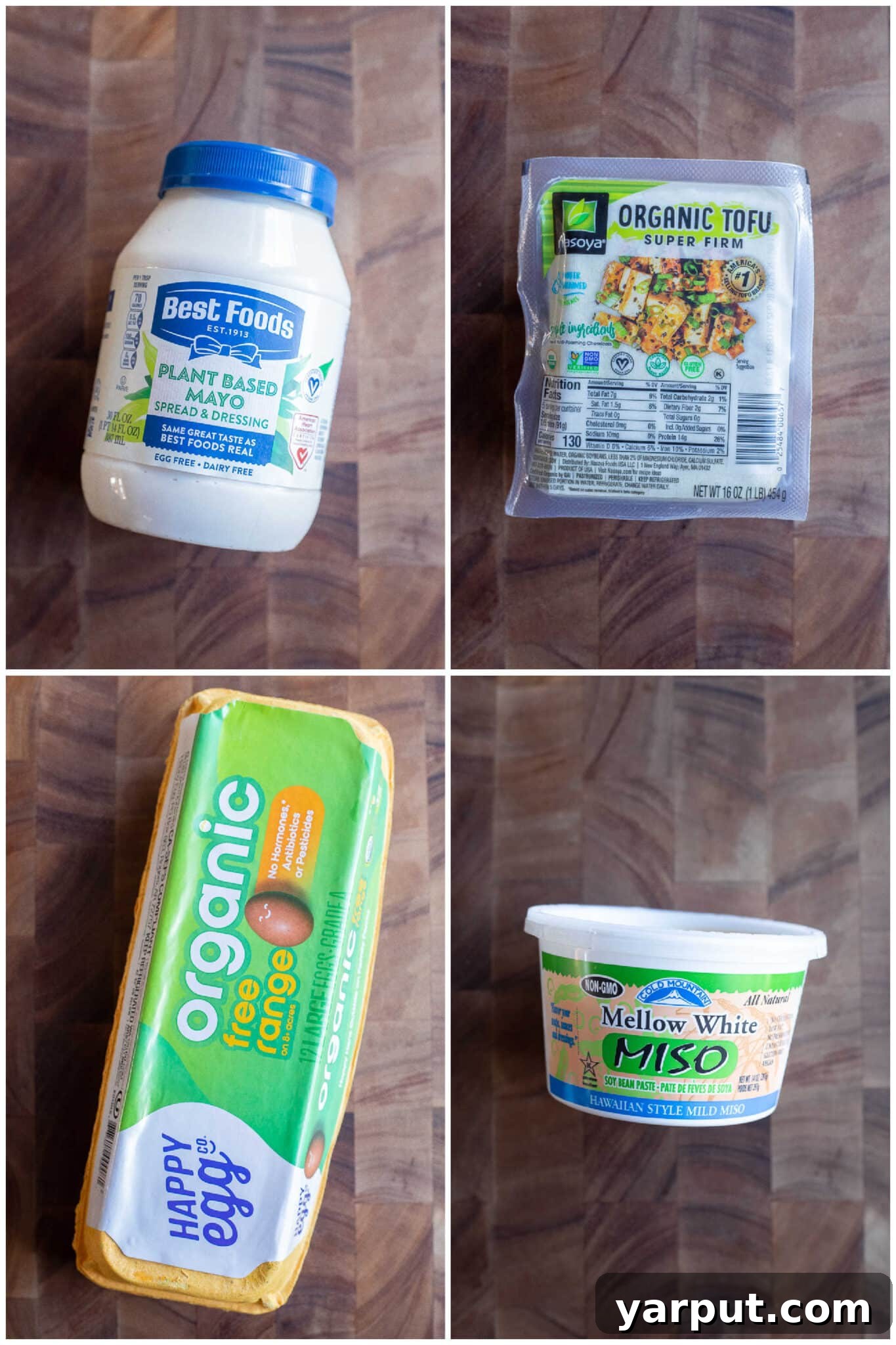 35 Essential Plant-Based Pantry Staples 9 A selection of refrigerated vegetarian pantry staples: mayonnaise, miso paste, eggs, tofu, and tempeh.