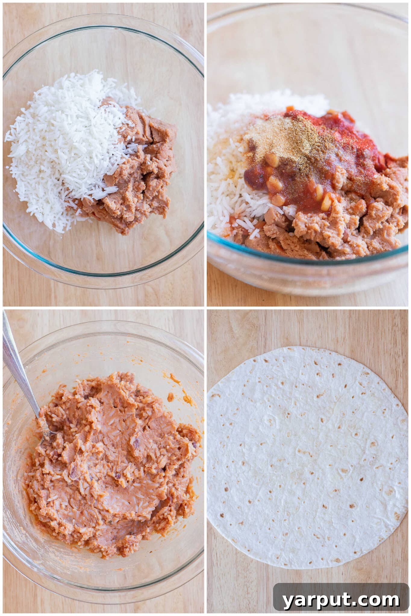 A step-by-step image showing the process of making vegetarian rice and bean burritos, from mixing ingredients to assembly.