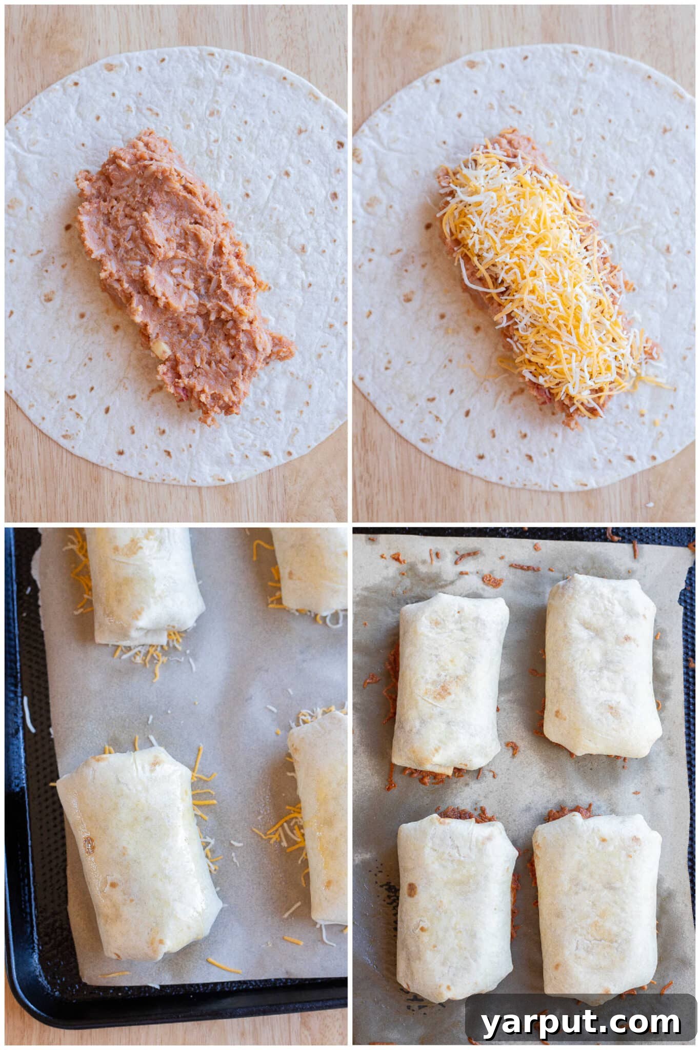 A close-up shot showing cheesy bean and rice burritos baking in the oven, with a golden-brown, crispy cheese crust forming on the bottom.