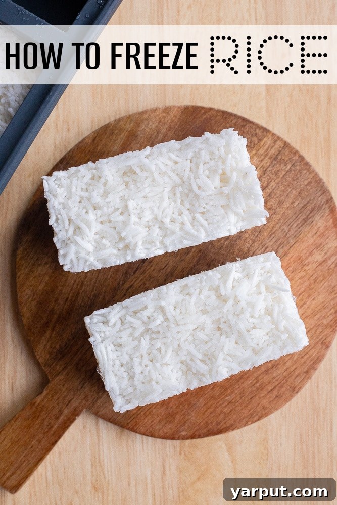 Mastering Rice Freezing for Convenient Cooking 2 Frozen blocks of rice neatly arranged on a cutting board, ready for storage.