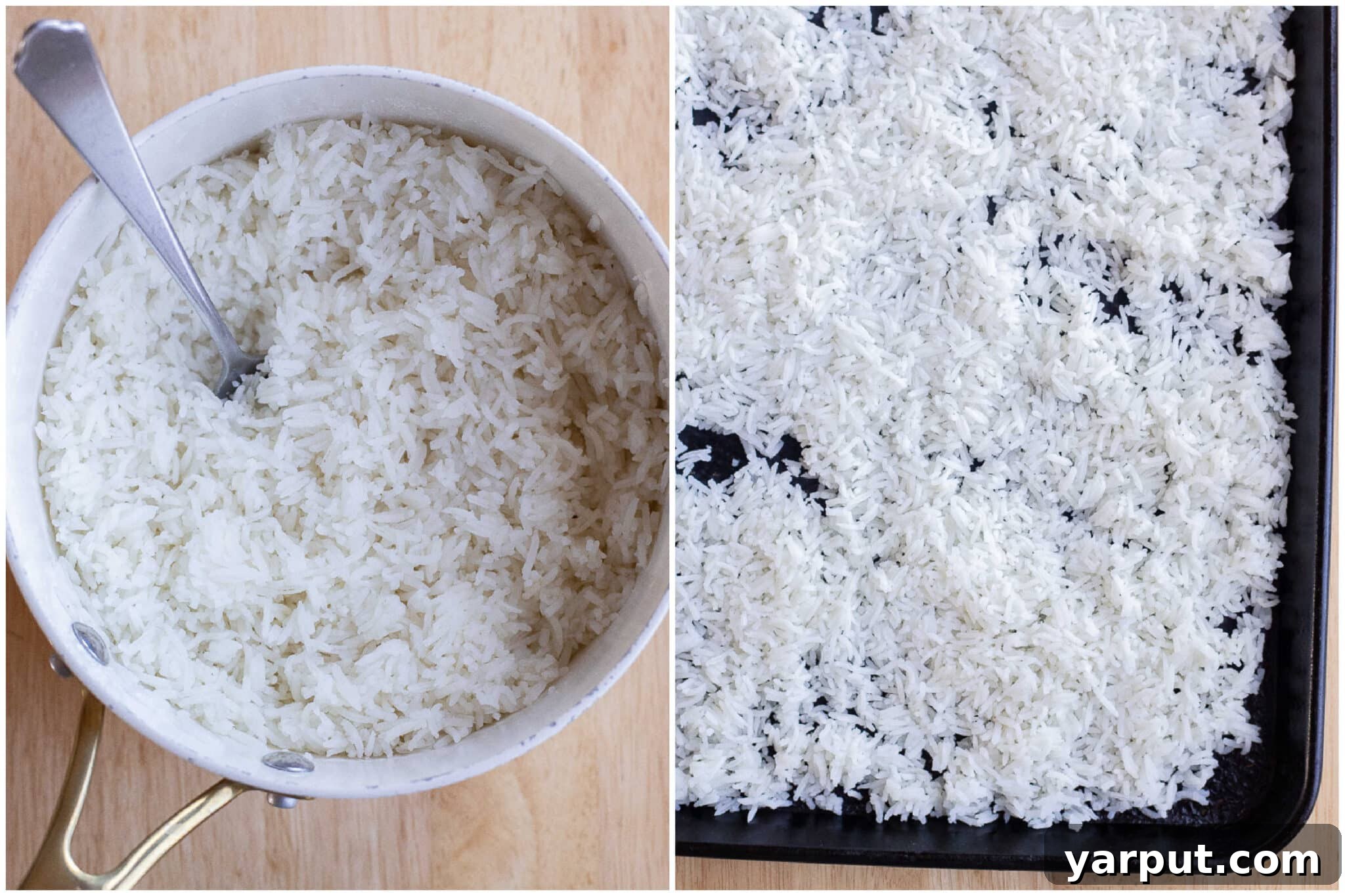Mastering Rice Freezing for Convenient Cooking 3 Cooked rice spread out on a large sheet pan to cool down quickly before freezing.